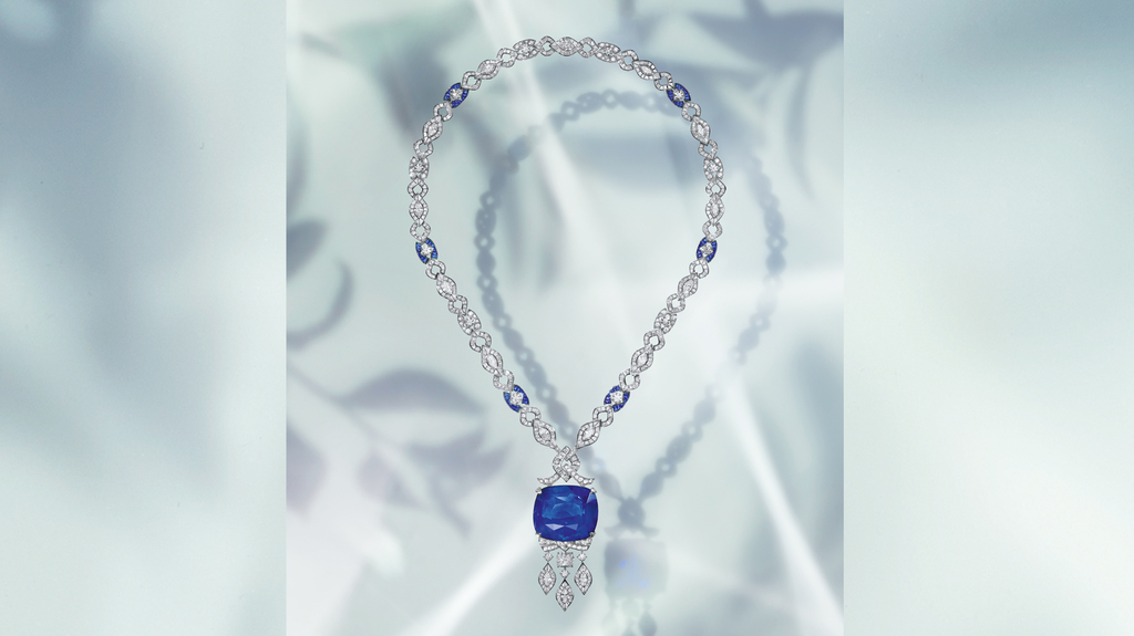 The “Mediterranean Reverie” necklace in platinum with a royal blue cushion-cut sapphire (107.15 carats), one cushion-cut diamond (1.27 carats), 72 buff-top sapphires (3.98 carats), 487 fancy-shape diamonds (20.30 carats), 16 marquise diamonds (5.91 carats), two pear diamonds (1.01 carats), 15 round brilliant-cut diamonds and pavé diamonds (6.80 carats)