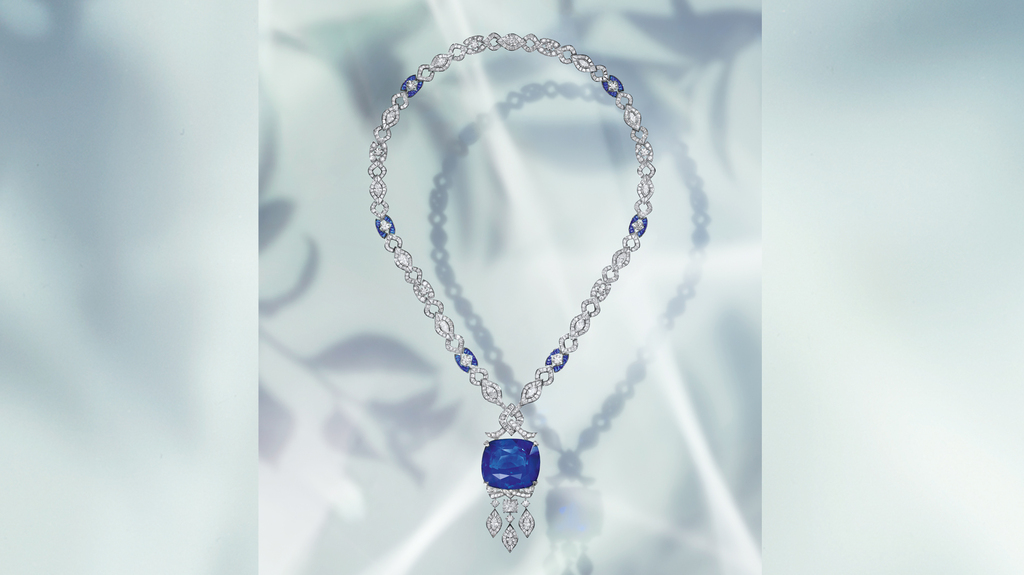 The “Mediterranean Reverie” necklace in platinum with a royal blue cushion-cut sapphire (107.15 carats), one cushion-cut diamond (1.27 carats), 72 buff-top sapphires (3.98 carats), 487 fancy-shape diamonds (20.30 carats), 16 marquise diamonds (5.91 carats), two pear diamonds (1.01 carats), 15 round brilliant-cut diamonds and pavé diamonds (6.80 carats) The “Mediterranean Reverie” necklace in platinum with a royal blue cushion-cut sapphire (107.15 carats), one cushion-cut diamond (1.27 carats), 72 buff-top sapphires (3.98 carats), 487 fancy-shape diamonds (20.30 carats), 16 marquise diamonds (5.91 carats), two pear diamonds (1.01 carats), 15 round brilliant-cut diamonds and pavé diamonds (6.80 carats)
