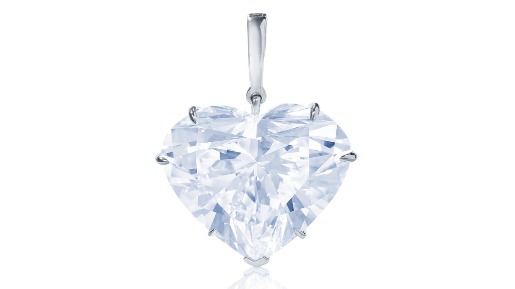 A “Superb Diamond Pendant” featuring a 53.53-carat, D-color, heart-shaped Type IIa diamond A “Superb Diamond Pendant” featuring a 53.53-carat, D-color, heart-shaped Type IIa diamond