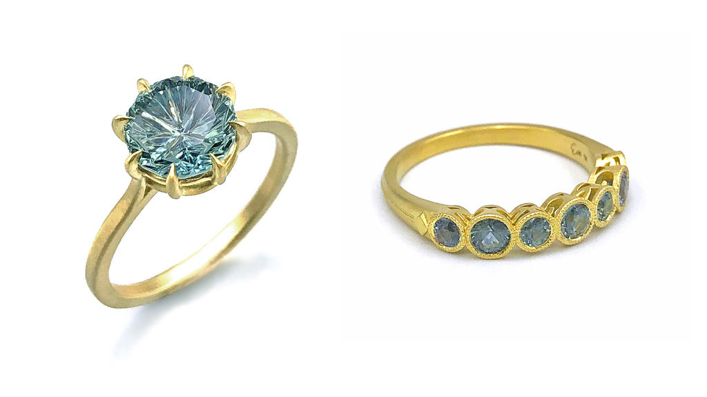 Two “Providence” rings. The piece at left features a 2.51-carat Montana sapphire cut by John Dyer in 18-karat yellow gold ($10,400), and the ring at right features 0.95 carats of Montana sapphires in 18-karat gold ($3,800). Two “Providence” rings. The piece at left features a 2.51-carat Montana sapphire cut by John Dyer in 18-karat yellow gold ($10,400), and the ring at right features 0.95 carats of Montana sapphires in 18-karat gold ($3,800).