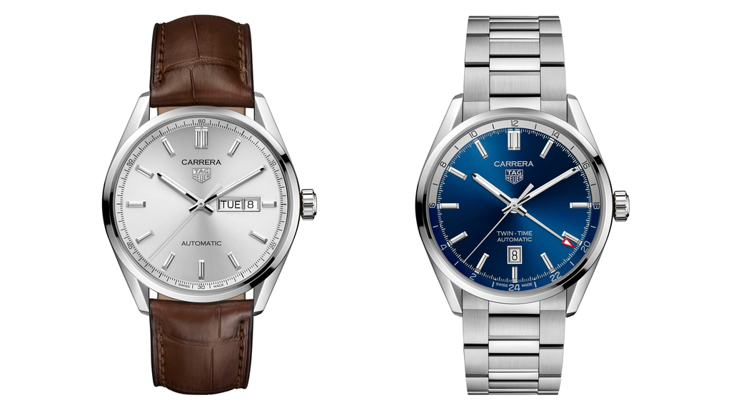 At left, a TAG Heuer Carrera Day Date 41 mm with alligator leather strap ($2,900); at right, a TAG Heuer Carrera Twin-Time Date 41 mm with a steel case ($3,200)