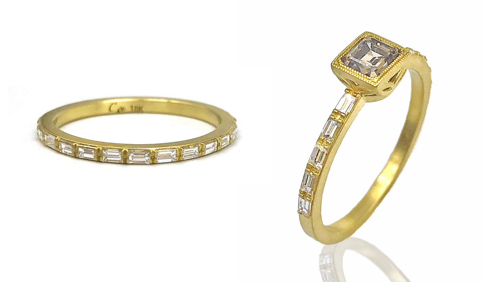 The “West Side” baguette diamond eternity band (0.55 total carats) in 18-karat gold ($3,900) at left, and the “West Side” 0.57-carat champagne diamond ring ($5,400) at right. The “West Side” baguette diamond eternity band (0.55 total carats) in 18-karat gold ($3,900) at left, and the “West Side” 0.57-carat champagne diamond ring ($5,400) at right.