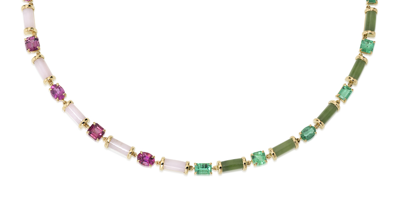 Sauer “Sofia” necklace in 18-karat yellow gold with emerald, rubellite, jade, and pink opal ($42,630)