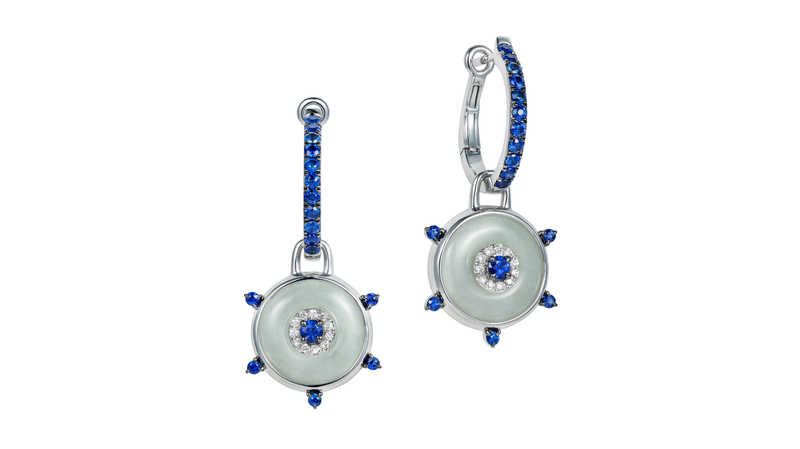 <a href="https://nadineaysoy.com/products/celeste-blue-sapphire-jade-huggie-earrings?_pos=21&_sid=7122827b8&_ss=r" target="_blank">Nadine Aysoy</a> “Celeste” blue sapphire and jade huggie earrings set in 18-karat white gold ($4,840)