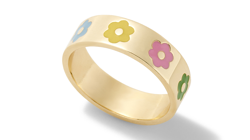 A simple, joyful flower motif matches fashion’s current optimism. This multi-color enamel and 14-karat yellow gold band sells for $1,485. There are also peace sign and yin yang versions.