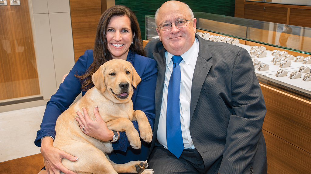 Wixon Jewelers is a family business in the truest sense of the word; Hope and Dan typically bring their three Labrador Retrievers to work. Pictured is Joe Dynamite.