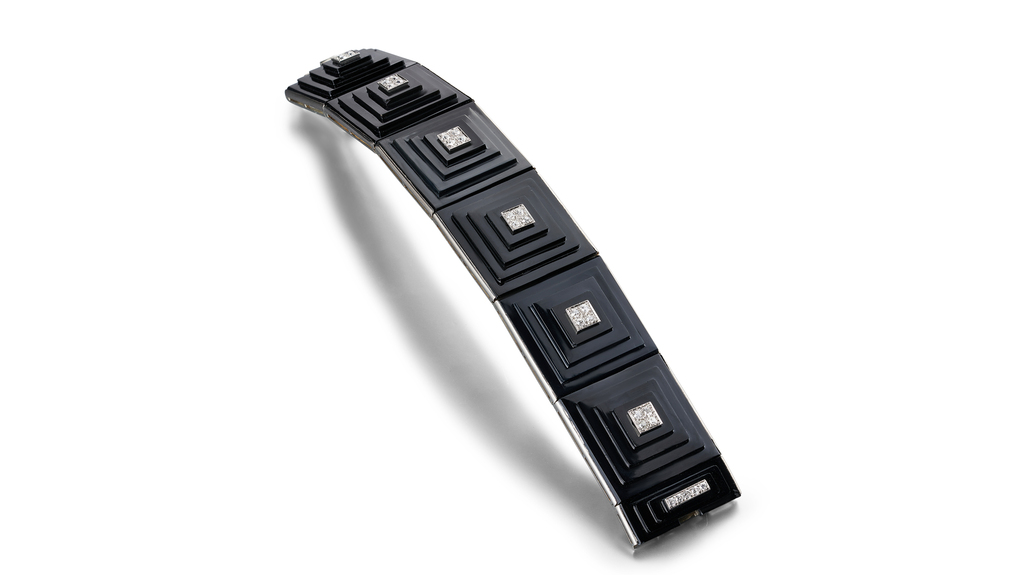 A Suzanne Belperron for Boivin 18-karat white gold “Chocolat” bracelet circa 1929 in black onyx and diamonds; the piece also comes with its original drawing (not pictured here). ($300,000) A Suzanne Belperron for Boivin 18-karat white gold “Chocolat” bracelet circa 1929 in black onyx and diamonds; the piece also comes with its original drawing (not pictured here). ($300,000)