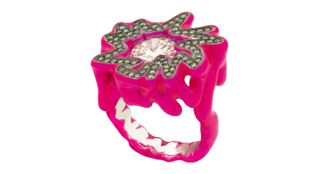 Solange Azagury-Partridge “Hot Pink Diamond Scribbles Ring” in 18-karat white gold with diamonds, black rhodium, and lacquer ($78,000)