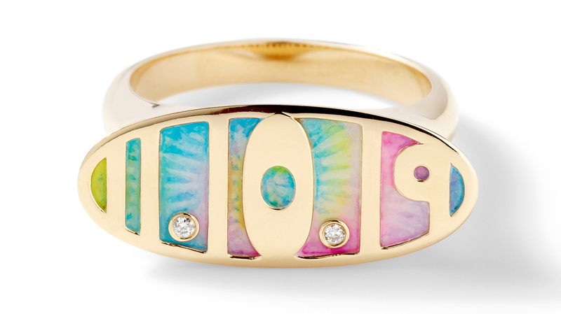 This custom date ring in 14-karat yellow gold features hand-painted tie-dye enamel and white diamonds ($2,970).
