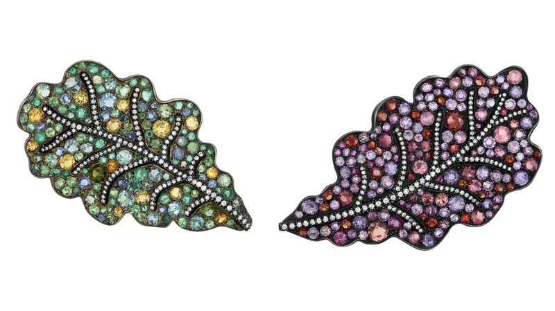 The “Oak Leaf” earrings feature tourmalines, garnets, amethysts, sapphires, emeralds, and diamonds. From 1988 and signed JAR Paris, they are expected to fetch $100,000-$150,000. (Image courtesy of Christie’s Images Ltd. 2022)