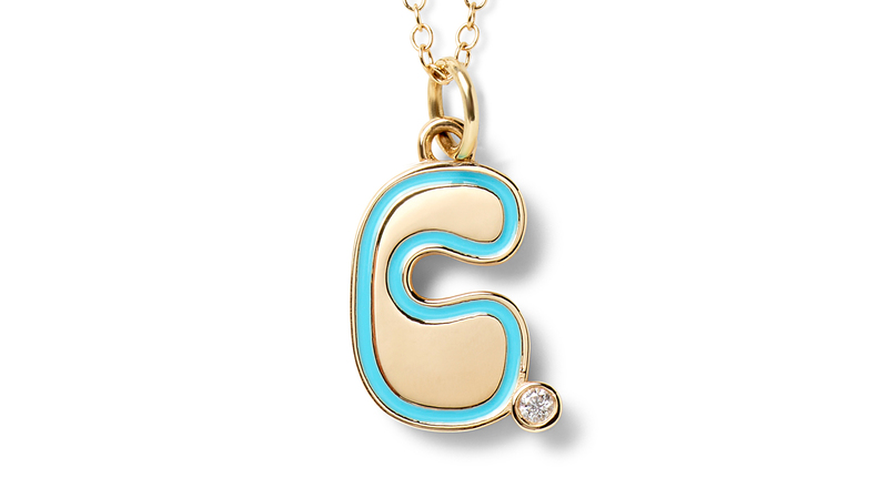In the “Groovy” collection, Alison Lou has debuted a new 1960s-esque font, seen in this 14-karat gold, diamond, and enamel initial necklace ($1,075).