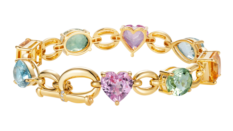 Nadine Aysoy “Rainbow Bracelet” in 18-karat yellow gold with topaz, citrine, green amethyst and pink sapphire ($10,470)
