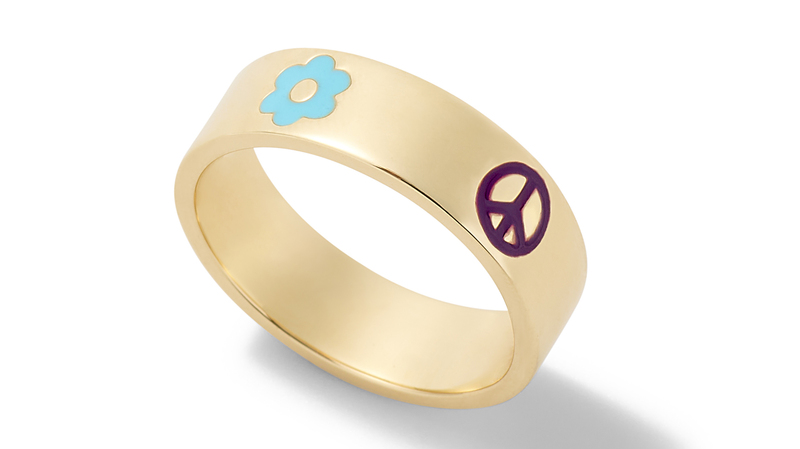 A mix of symbols that star in the “Groovy” collection are pictured here in enamel on a 14-karat gold band ($1,485)