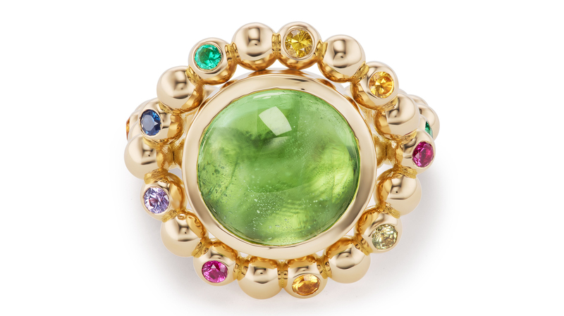 Brent Neale one-of-a-kind ring in 18-karat yellow gold with peridot and multicolor sapphires ($9,800)