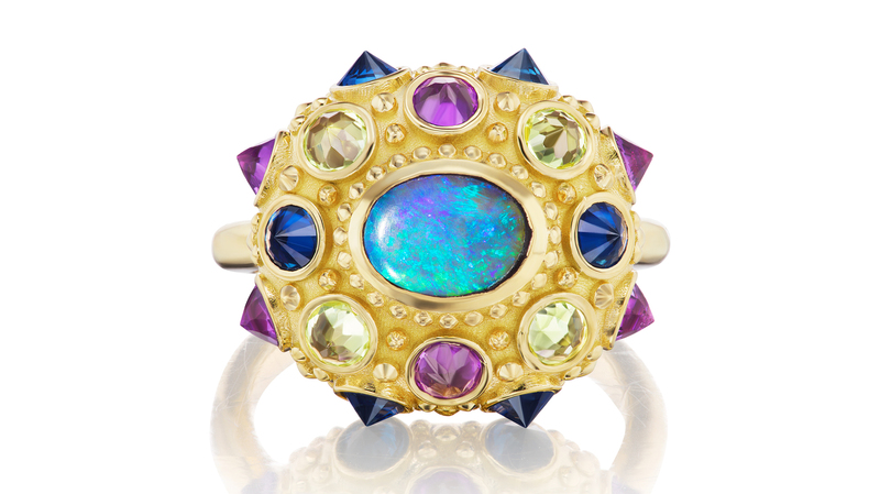 AnaKatarina “Blue Valentine” ring in 18-karat gold with opal, peridot, amethyst, and blue sapphire ($6,640)