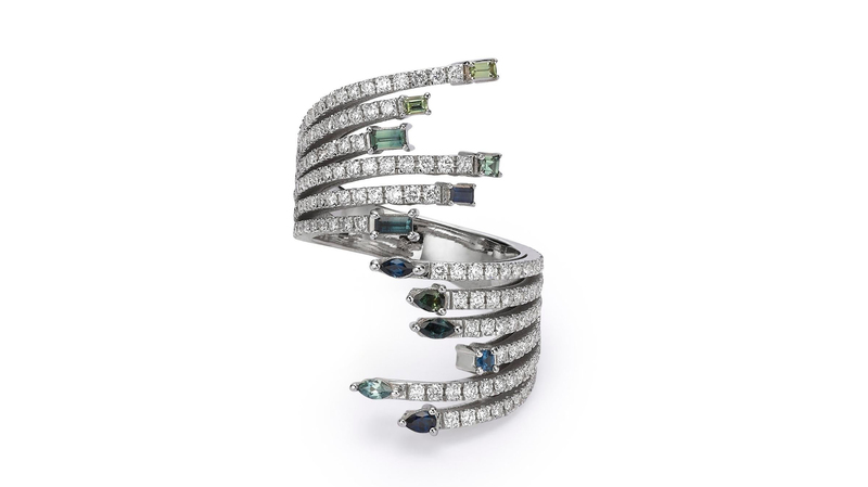 “The Midst of the Sea” ring, with sapphire and diamond in 18-karat gold ($32,000)