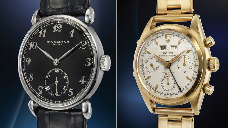 The auction’s No. 3 lot, this Patek Philippe Ref. 1503 “The Simon Wisenthal” at left, sold for $1.4 million, while the watch at right is the No. 4 lot—a Rolex Ref. 6063 Oyster Chronographe—which garnered $1 million.