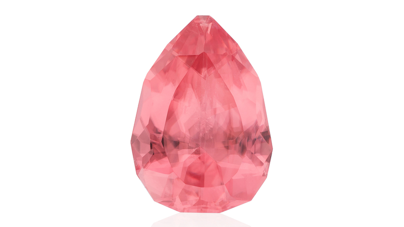 North American Mined Gemstones, First Place. Brad Payne 12.86-carat “Colorado Candy Crush” modified pear-cut rhodochrosite from the Sweet Home Mine, Colorado
