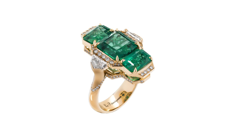 One of Lamb’s bespoke creations, the “La Principessa” ring features more than 10 carats of emeralds along with diamond epaulettes and pavé in 18-karat yellow gold. (Price Upon Request)