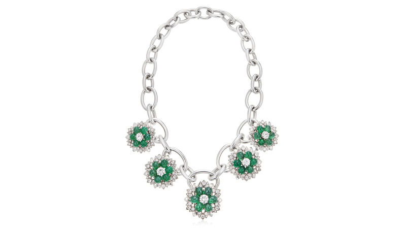 This necklace features oval cabochon emeralds, round and old-cut diamonds, and white gold. The pendants are detachable and can be worn as brooches ($25,000-$35,000).