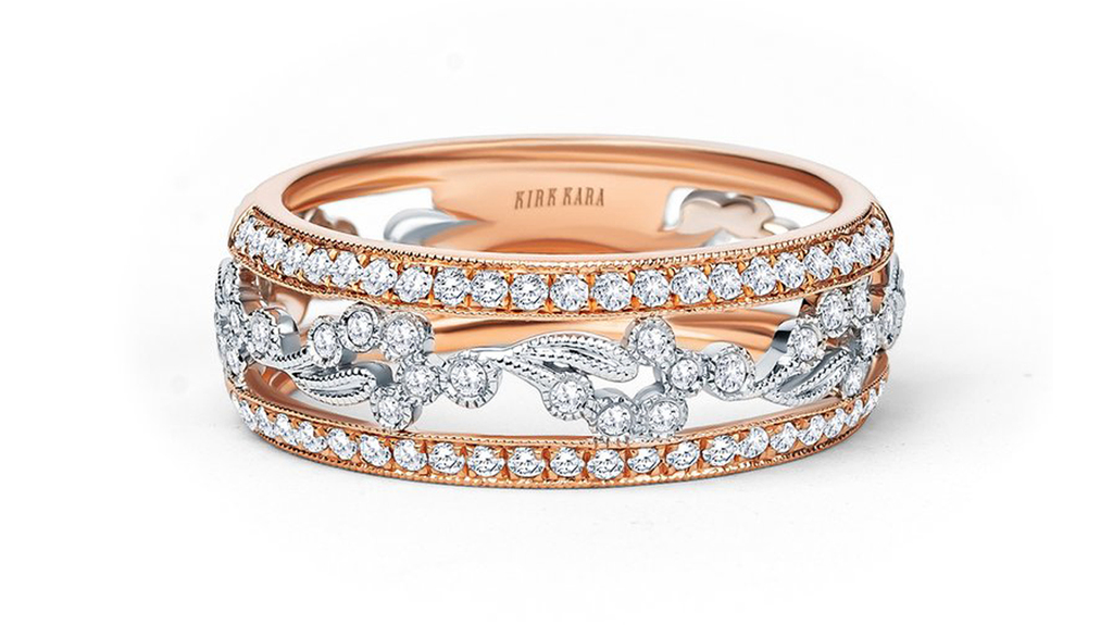 This 14-karat gold two-tone wedding band is from Kirk Kara’s new “Rayana collection.” It features approximately 0.38 carats of diamonds and milgrain edging ($4,340). This 14-karat gold two-tone wedding band is from Kirk Kara’s new “Rayana collection.” It features approximately 0.38 carats of diamonds and milgrain edging ($4,340).