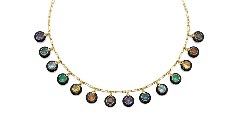 Sauer “Chakras” necklace in 18-karat gold with onyx, emerald, topaz, citrine, orange citrine, amethyst, garnet, and diamond ($10,080)
