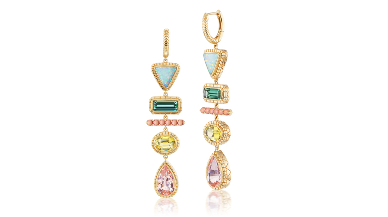 Harwell Godfrey one-of-a-kind earrings in 18-karat yellow gold with opal, blue tourmaline, coral, beryl, and morganite (price upon request)