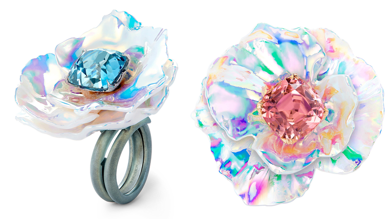 From left to right: Ring with 2.83-carat cushion-cut aquamarine, holographic ceramic, and diamonds set in titanium and white gold; and ring with 12.73-carat cushion-cut pink tourmaline, holographic ceramic, and diamonds set in titanium and white gold