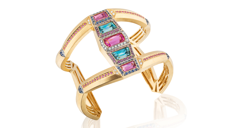 Best of Single Entries—Spectrum. Scott Keating 18-karat yellow gold “Hot Scarab Nights” bracelet featuring specialty-cut blue zircons (10.12 total carats) and pink tourmalines (5.66 total carats) accented with 1.50 carats of sapphire melee and 0.32 carats of diamond melee