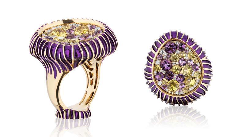 Fashion Forward. Stanislav Petrov 18-karat yellow and white gold “Violet” ring with purple nano-ceramic coating featuring amethysts (1.50 total carats), yellow sapphires (1.90 total carats) and diamonds (0.02 total carats)