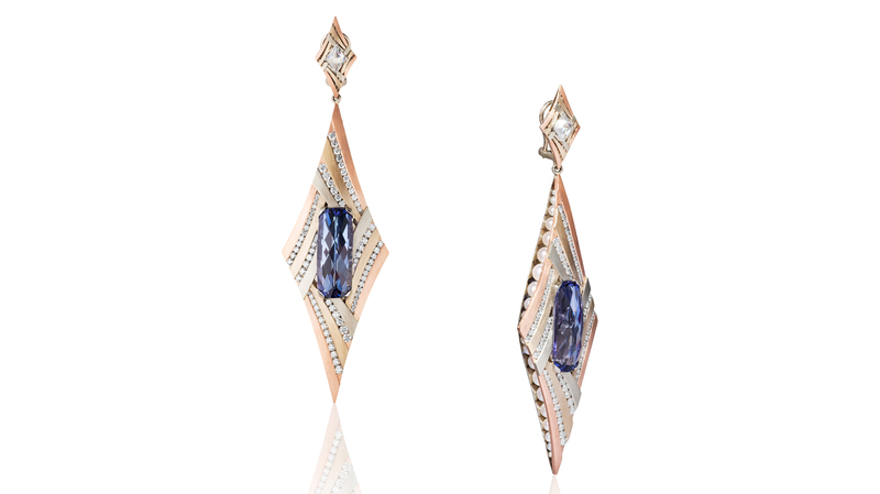 Evening Wear, First Place. Adam Neeley 14-karat rose and white gold “Galassia” earrings featuring specialty-cut tanzanites (24.84 total carats) accented with akoya cultured pearls and diamonds (4.04 total carats)
