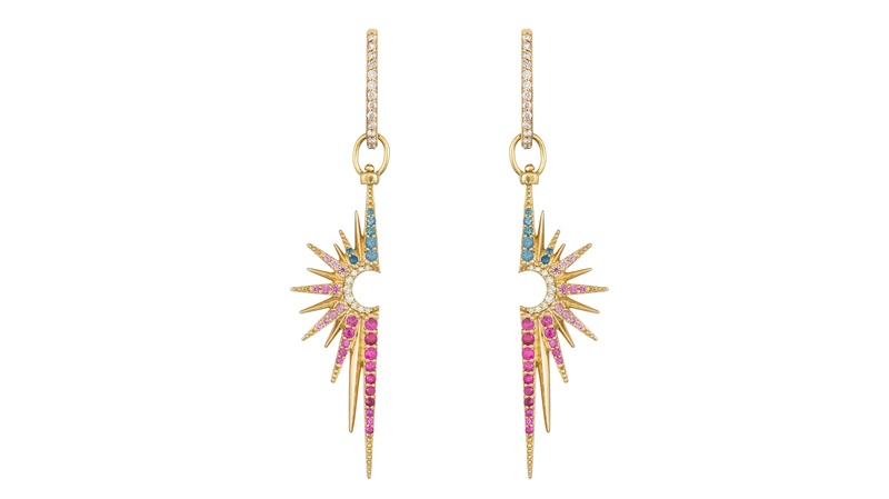 Three Stories Jewelry “Elongated Starburst Charms” in 14-karat gold with multicolor sapphires and diamonds ($3,960 for the pair; hoop earrings sold separately)