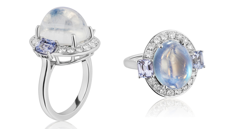 Bridal Wear, First Place and Platinum Honors. Suna Bros platinum ring featuring a 9.18-carat oval moonstone cabochon accented with lavender sapphires (1.36 total carats) and diamonds (0.56 total carats)