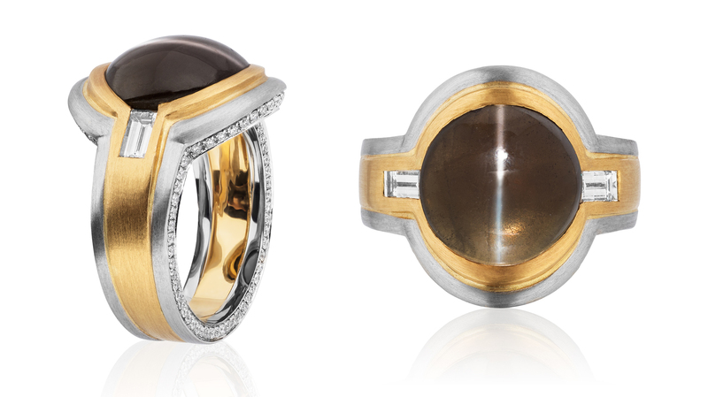 Men’s Wear, First Place. Rodney Rahmani 18-karat yellow gold and platinum ring featuring a 12.86-carat cat’s-eye chrysoberyl cabochon accented with diamonds