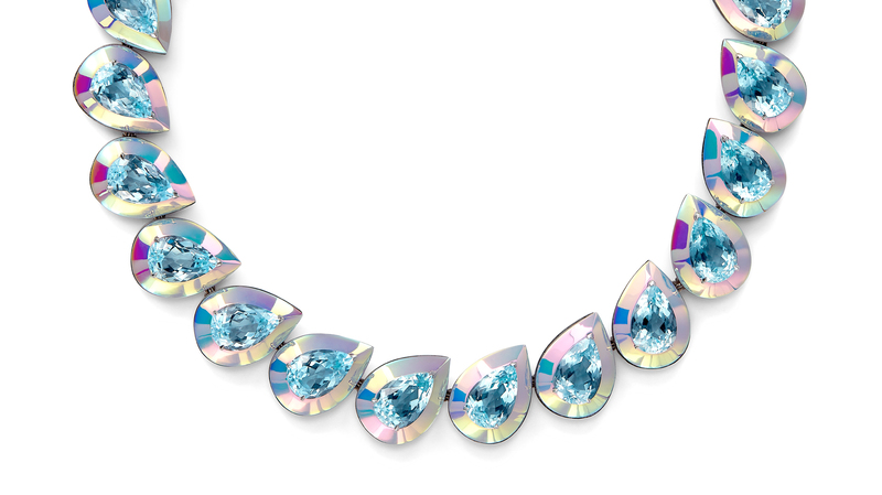 “Laser” necklace set with 23 pear-shaped aquamarines totaling 130.01 carats, with holographic ceramic set in white gold
