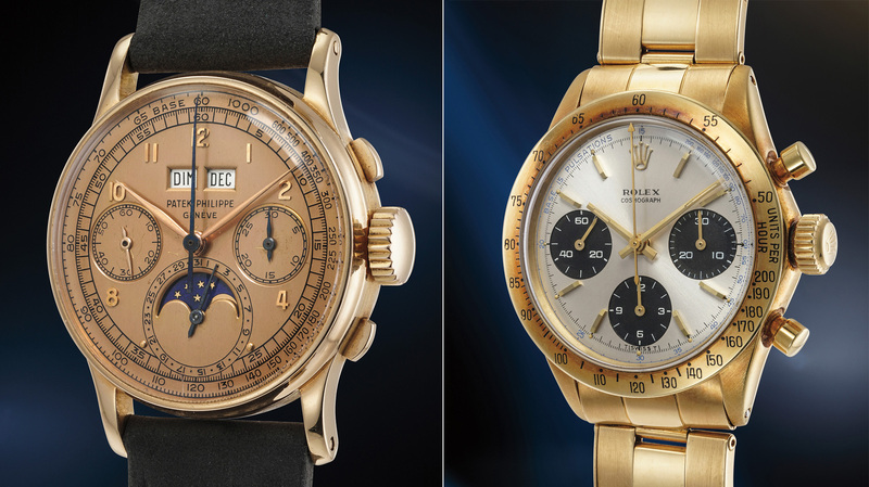 At left is the sale’s No. 1 lot, a Patek Philippe Ref. 1518, that sold for $3.3 million, and at right is a Rolex Ref. 6239 dubbed “The Crazy Doc,” once owned by musician Eric Clapton and the auction’s No. 2 lot, which garnered $1.7 million.