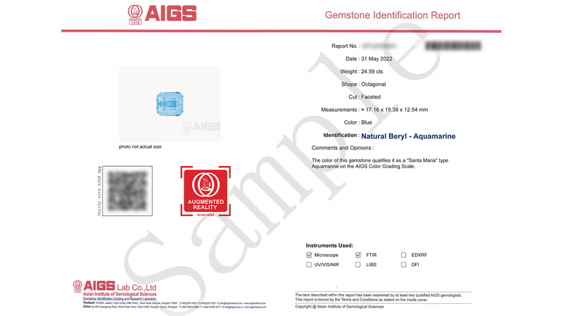A sample of the AIGS Santa Maria aquamarine grading report (Image courtesy AIGS)