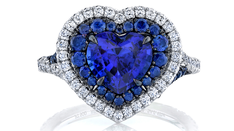 <a href="http://pomposjewelry.com/" target="_blank">Pompos Jewelry Corporation</a>  heart-shaped blue sapphire ring set in platinum ($16,000)