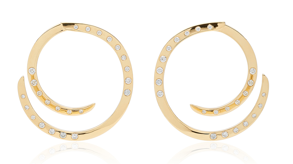 Made by Malyia “Ocean Wave Hoops” in 18-karat yellow gold with diamonds ($12,150)