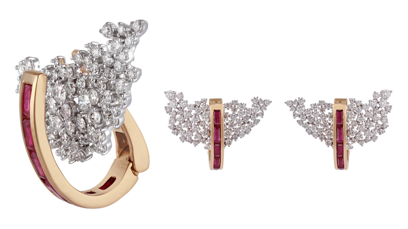 Pictured at multiple angles, these earrings feature a removable ruby component. They’re made of 18-karat white gold with 2.41 carats of white diamonds and 18-karat rose gold with 1.55 carats of rubies ($7,630).