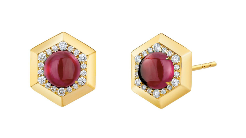 <a href="https://synajewels.com/products/hex-gemstone-earrings?_pos=4&_sid=383f42914&_ss=r&variant=40486200017060" target="_blank">Syna Jewels</a> Hex rhodolite garnet earrings with champagne diamonds set in 18-karat yellow gold ($3,250)