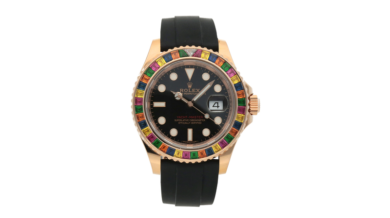 This Rolex “Tutti Frutti” Yacht-Master Ref. 116695SATS in pink gold with diamond, tsavorite, and sapphire garnered approximately $125,400 at auction.