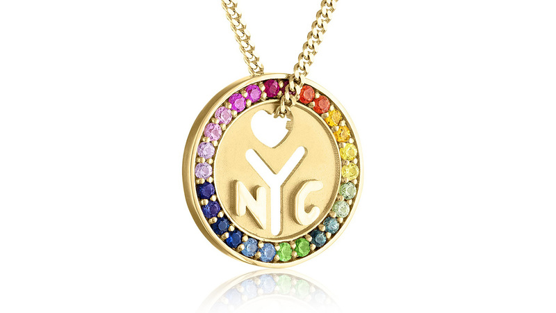 <a href="https://julielambny.com/collections/city/products/18k-yellow-gold-rainbow-nyc-love-is-love-token-necklace?variant=39548141043821" target="_blank">Julie Lamb</a> 18-karat yellow gold rainbow sapphire NYC “Love is Love” token necklace ($5,550)