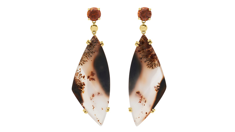 <a href="https://www.rushjewelrydesign.com/" target="_blank">Rush Jewelry Design</a>  dendritic agate and garnet earrings set in 18-karat yellow gold ($4,500)