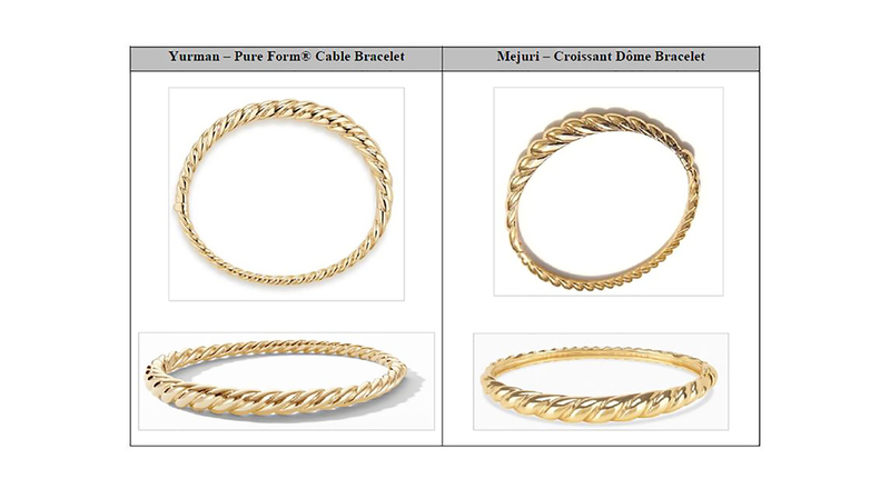 A side-by-side comparison of David Yurman’s “Pure Form” cable bracelet and Mejuri’s “Crôissant Dome” bracelet, from the lawsuit filed by David Yurman