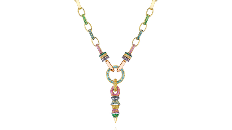 Rosa Van Parys “Dagger No. 8.5 Pendant” with diamonds, pink and yellow sapphires, aquamarine and tsavorite set in 18-karat yellow gold on the “Links 3.5” necklace in 18-karat gold ($36,200)