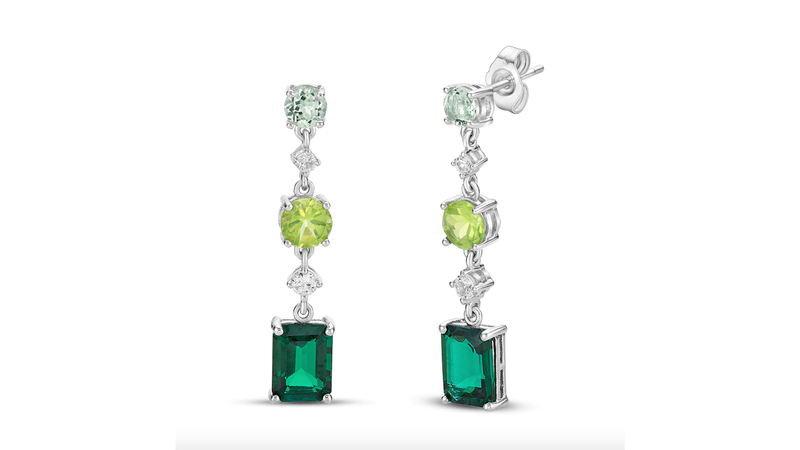 A pair of sterling silver drop earrings set with lab-created emeralds, lab-created white sapphire, peridot, and green quartz ($249)