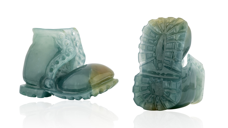 Objects of Art, First Place. Yanqing Zhang Asdurian jadeite carving of a boot