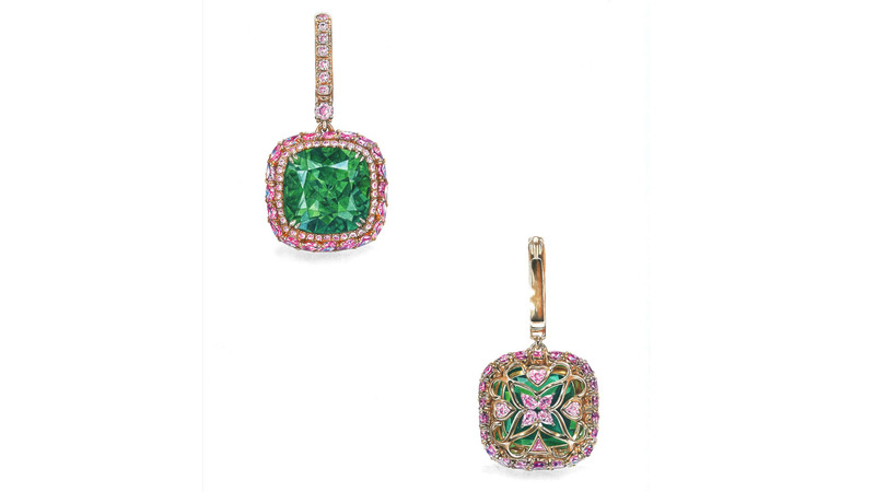 This pair of earrings dubbed the “Green Jewels” garnered $2 million at the auction. They comprise Muzo emeralds weighing 7.32 and 6.46 carats and Argyle pink diamonds around the halo and on the back as seen in this illustration from artist Hannah Fagerström Day.