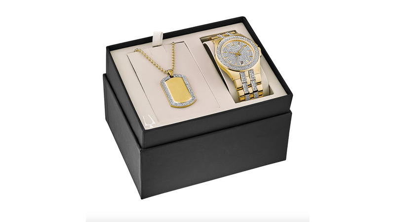 A Bulova crystal accent gold-tone PVD watch and dog tag pendant box set, a Zales exclusive ($449)
